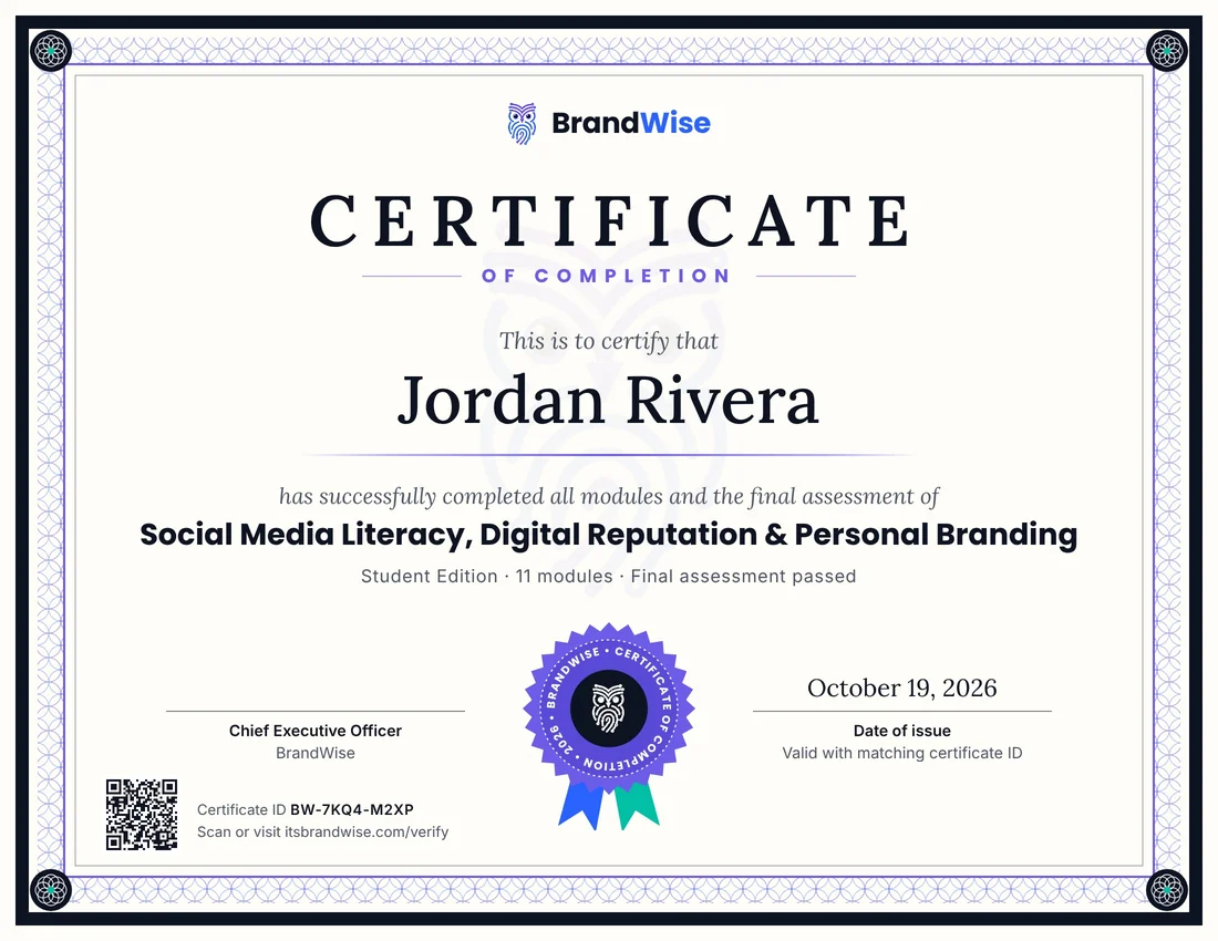 A BrandWise certificate of completion with a certificate ID and QR code