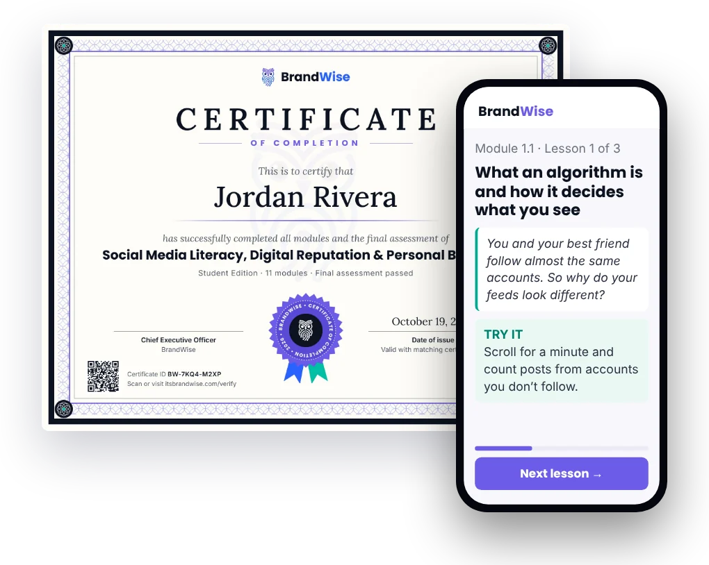 A BrandWise certificate of completion and a lesson on a phone