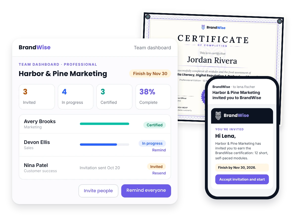 Example BrandWise team dashboard with invitations, progress and reminders, a Professional Edition certificate and an invitation email on a phone