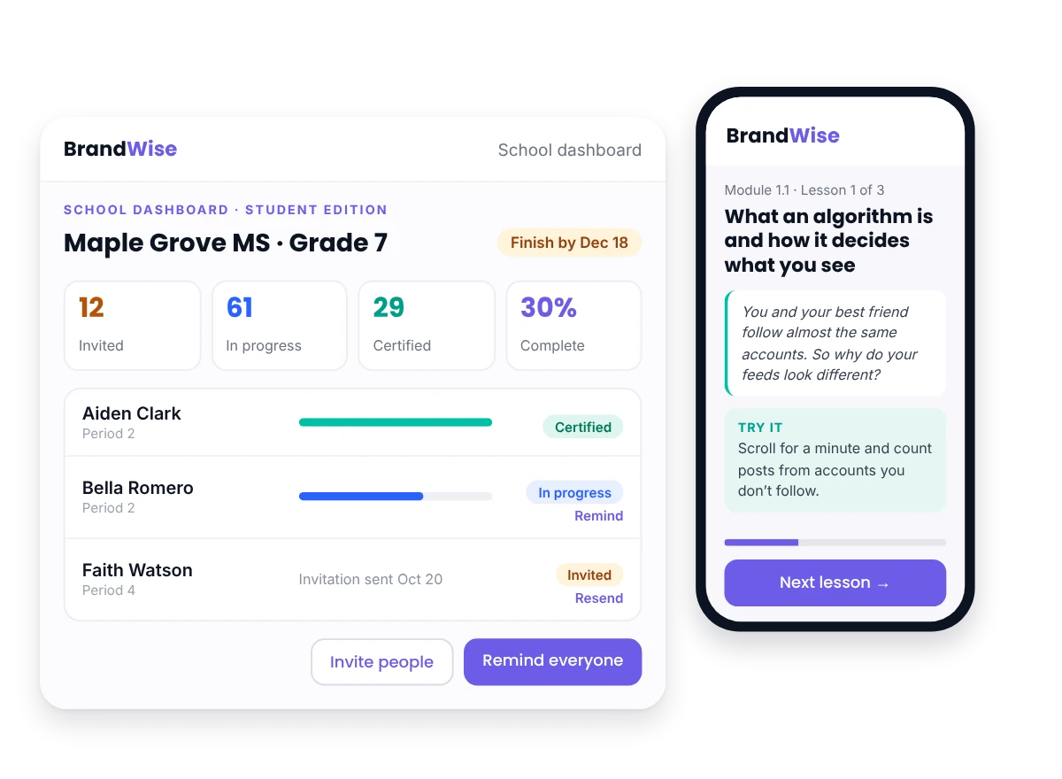 Example BrandWise school dashboard for a grade 7 class, next to a Student Edition lesson on a phone